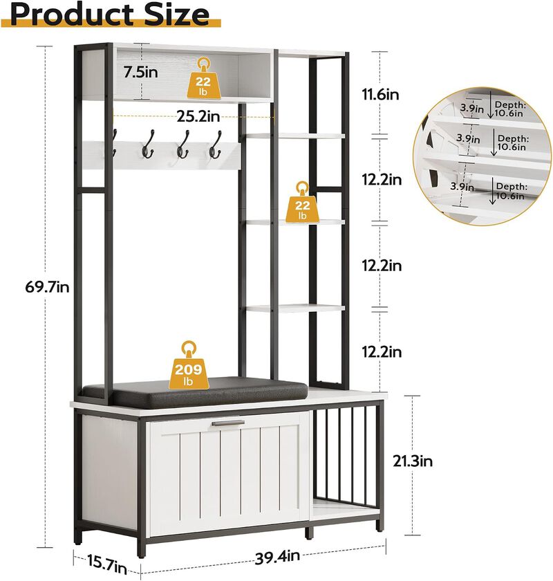 Hall Tree with Bench and Shoe Storage, 39.4" Entryway Bench with Coat Rack freestanding, Wall Rack 4 Hooks and Shelves, 39.37" x 15.74&ldquo; x 69.69" image number 2