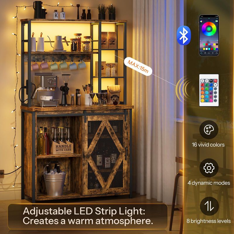 Microwave Stand Bakers Rack with Storage Cabinet, LED Lights and Outlet-Brown image number 4