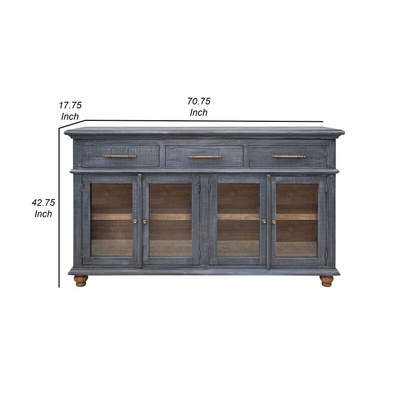 71 Inch Sideboard Console Table, 3 Drawers, 4 Glass Doors, Pine Wood, Blue image number 4