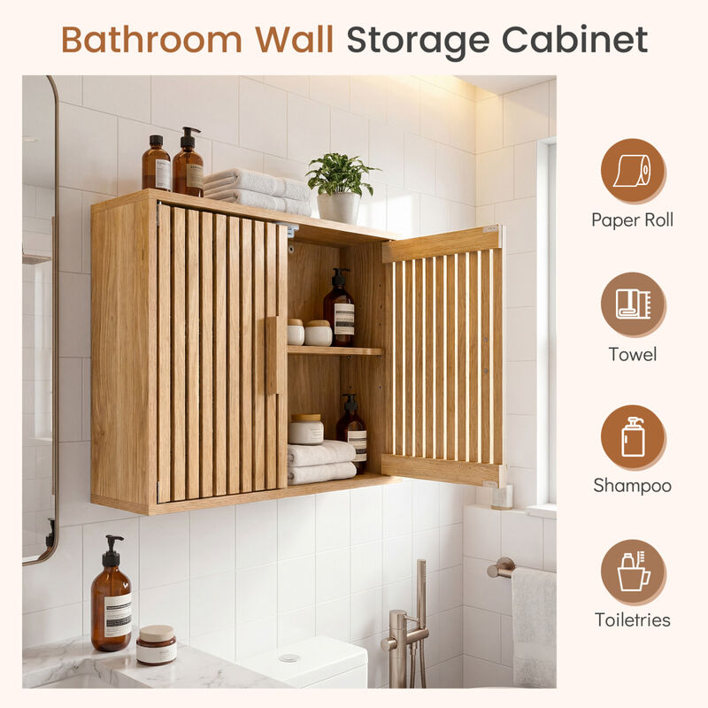 Wall Mounted Bathroom Cabinet with 2 Slatted Doors and Adjustable Shelves-Natural image number 4