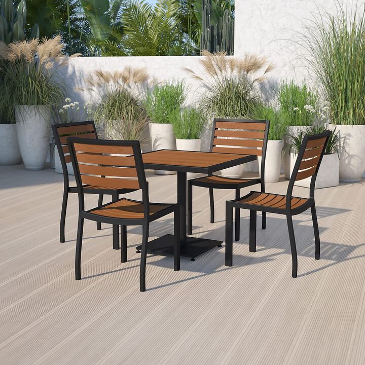 Flash Furniture Outdoor Patio Bistro Dining Table Set with 4 Chairs and Faux Teak Poly Slats