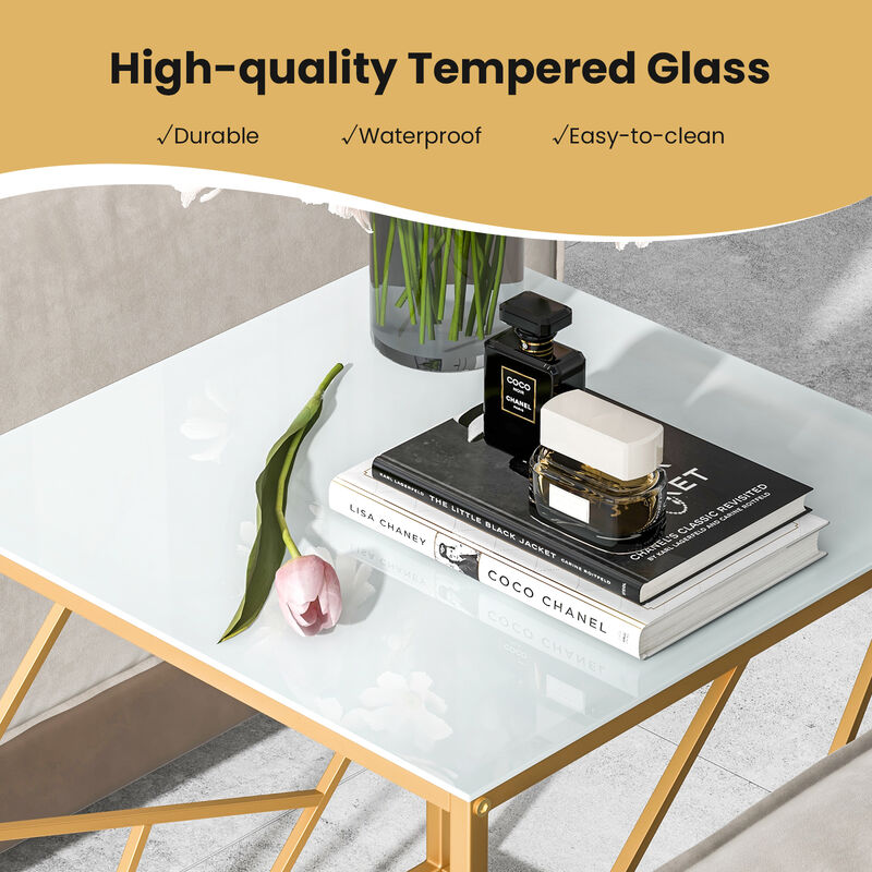 Square End Table with Tempered Glass Tabletop and Gold Finish Geometric Frame-Golden