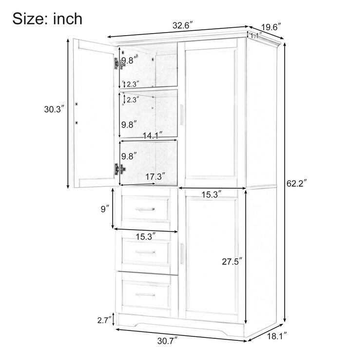 Tall and Wide Storage Cabinet with Doors for Bathroom/Office, Three Drawers, Grey