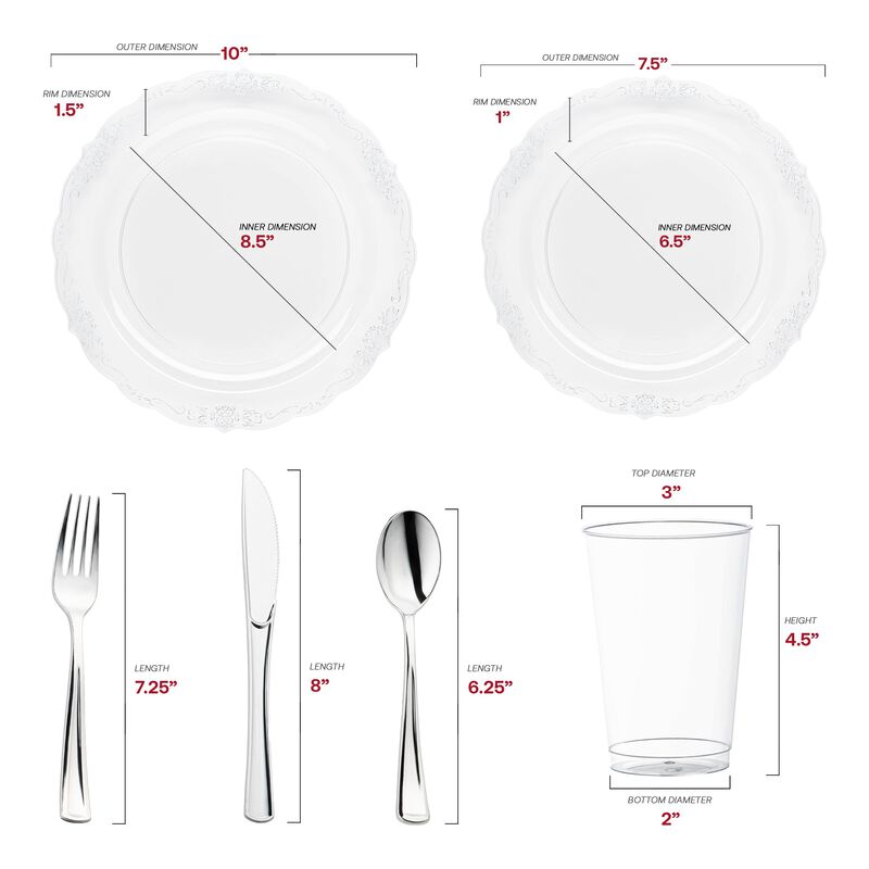 Clear with Silver Vintage Rim Round Plastic Wedding Value Set (30 Sets) image number 2