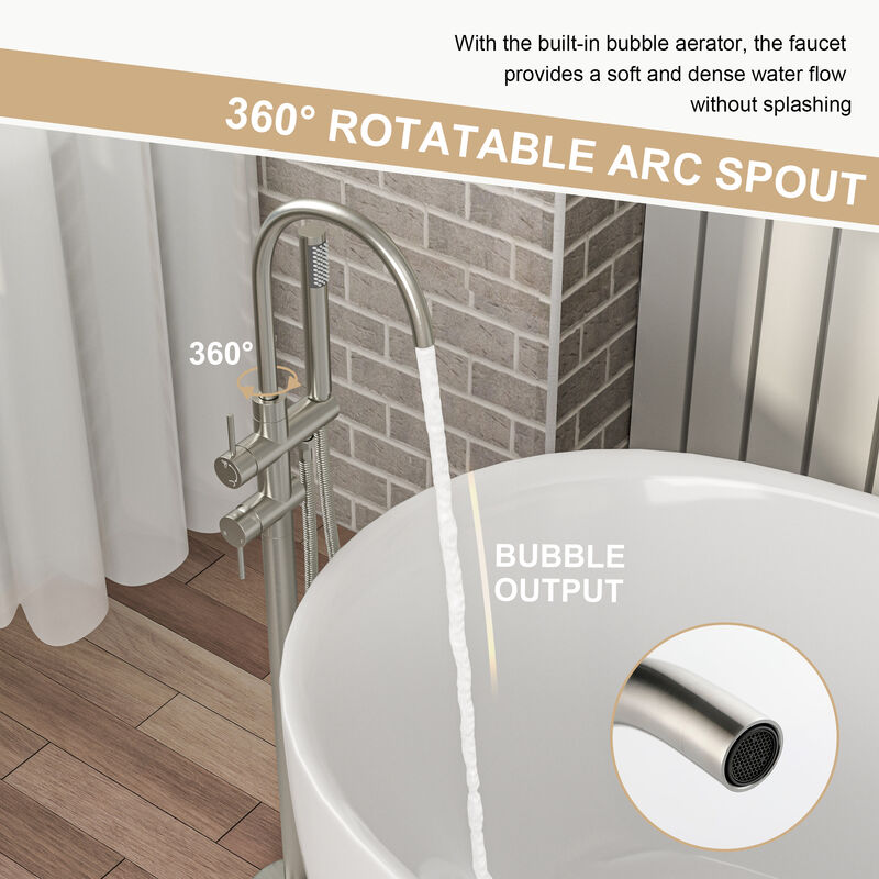 Freestanding Bathtub Faucet Floor Mount Tub Filler Brushed Nickel, Swivel Gooseneck Spout with Cylinder Handheld