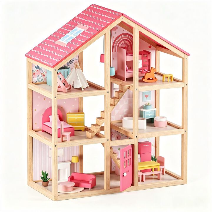 Wooden Dollhouse - 6 Rooms Wooden Doll House, DIY Pretend Doll House with 31Pcs Furniture Accessories, Creative Gift for Girl