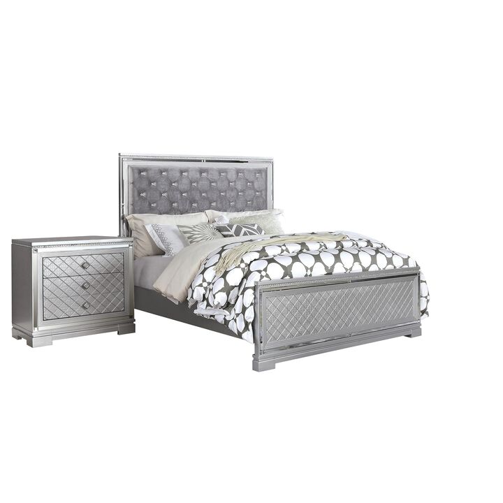 2-Piece Queen Bedroom Set &ndash; Silver Finish Bed & Matching Nightstand