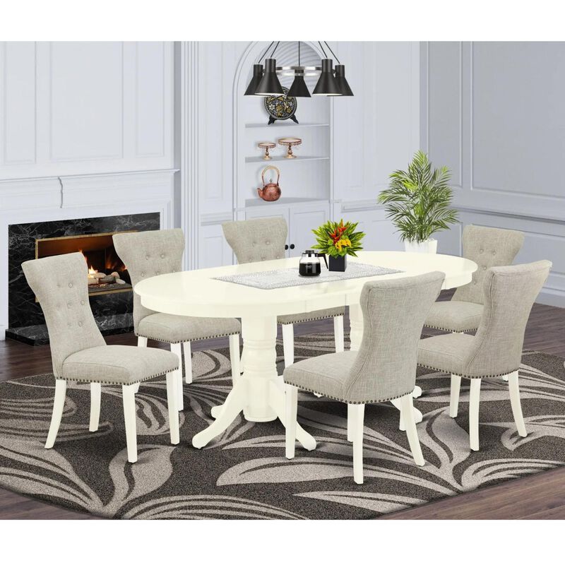 East West Furniture VAGA7-LWH-35 7-Piece modern dining table set- 6 parson chairs and butterfly leaf table hardwood structure -High back & Linen White Finish