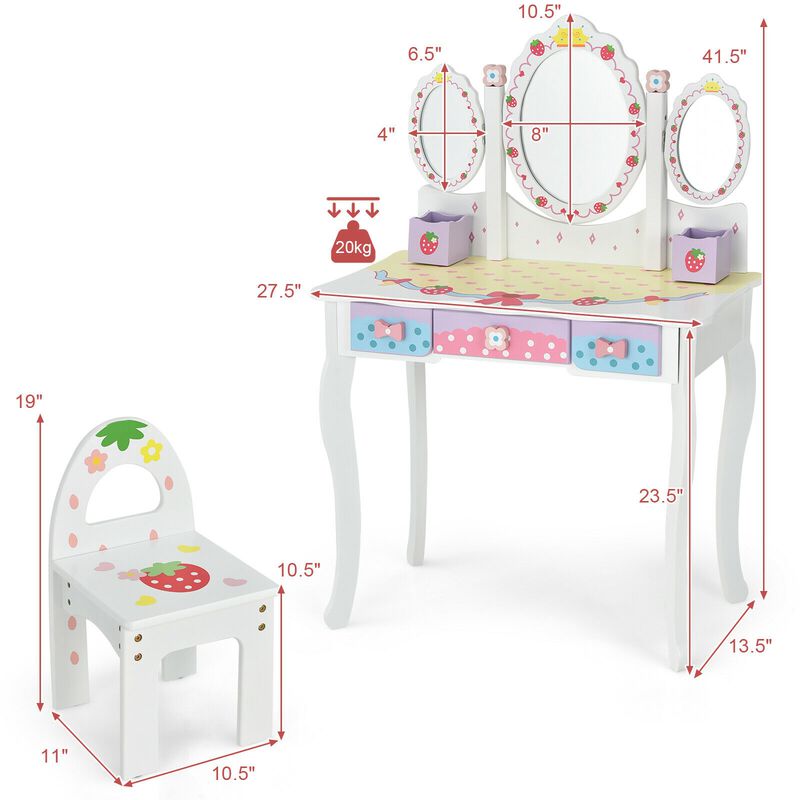 Kids Vanity Princess Makeup Dressing Table Chair Set with Tri-fold Mirror