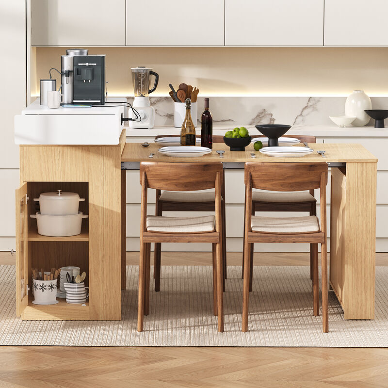 Whisen Extendable Dining Table 57.7"x32.7", Glass & MDF, w/Drawers, Power Outlet, Kitchen Island on Wheels image number 3
