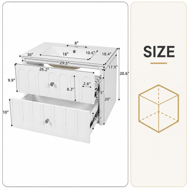 ELEMENT ACE 30 Inch Modern Wall-Mounted Floating Bathroom Vanity with Ceramic Sink, Soft-Close Drawers, Round Edges, Oval Knobs Ideal for Small Compact Bathrooms image number 1