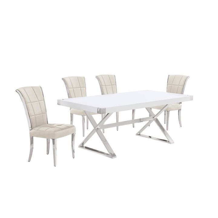 Best Quality Furniture 5pc Small(78) white wood top dining set with silver base and 4 chairs