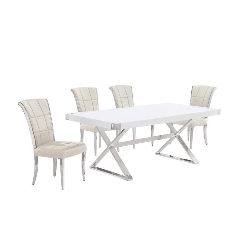 Best Quality Furniture 5pc Small(78) white wood top dining set with silver base and 4 chairs