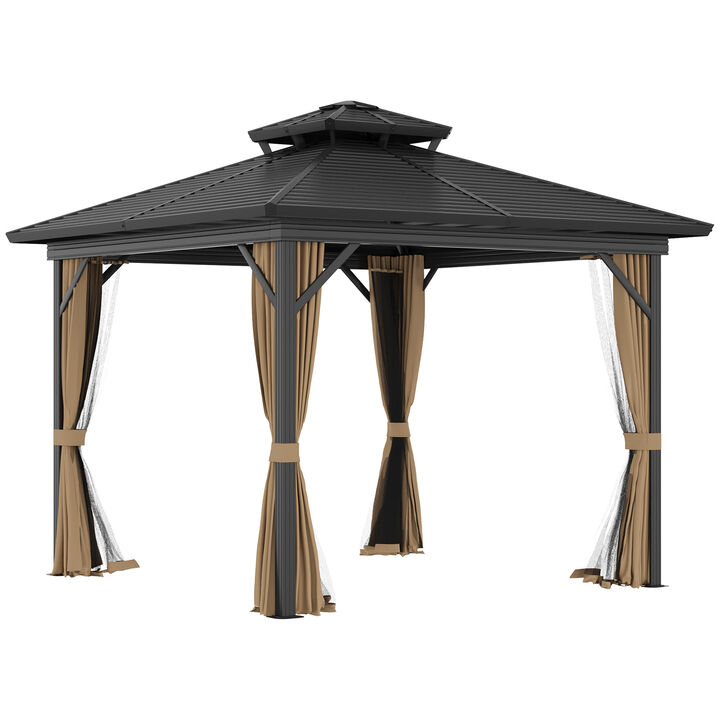 Outsunny 10' x 10' Hardtop Gazebo Canopy with Galvanized Steel Double Roof, Aluminum Frame, Permanent Pavilion Outdoor Gazebo with Netting and Curtains for Patio, Garden, Backyard, Dark Brown