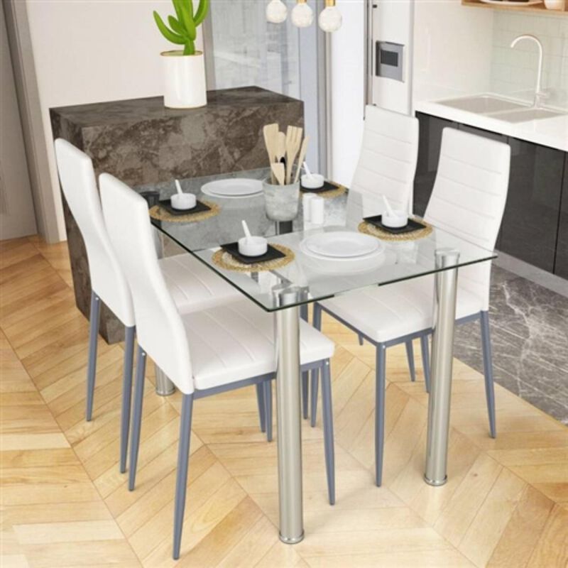 Hivvago Modern 5 Piece Dining Set with Glass Top Table and 4 White PVC Leather Chairs