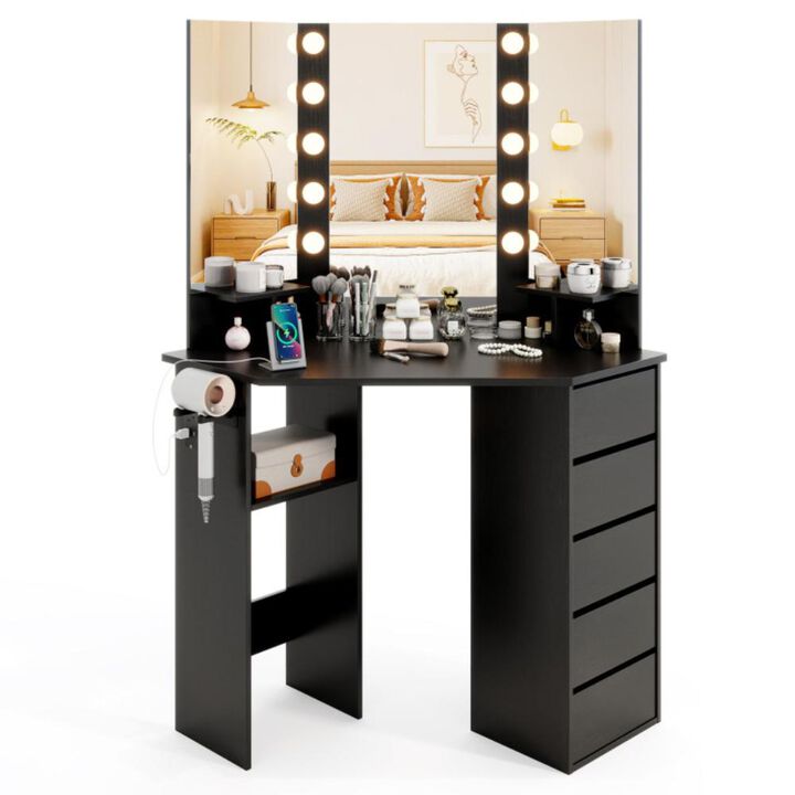 Hivvago Corner Vanity Desk with 3-Color LED Lighted Mirror and Power Outlet