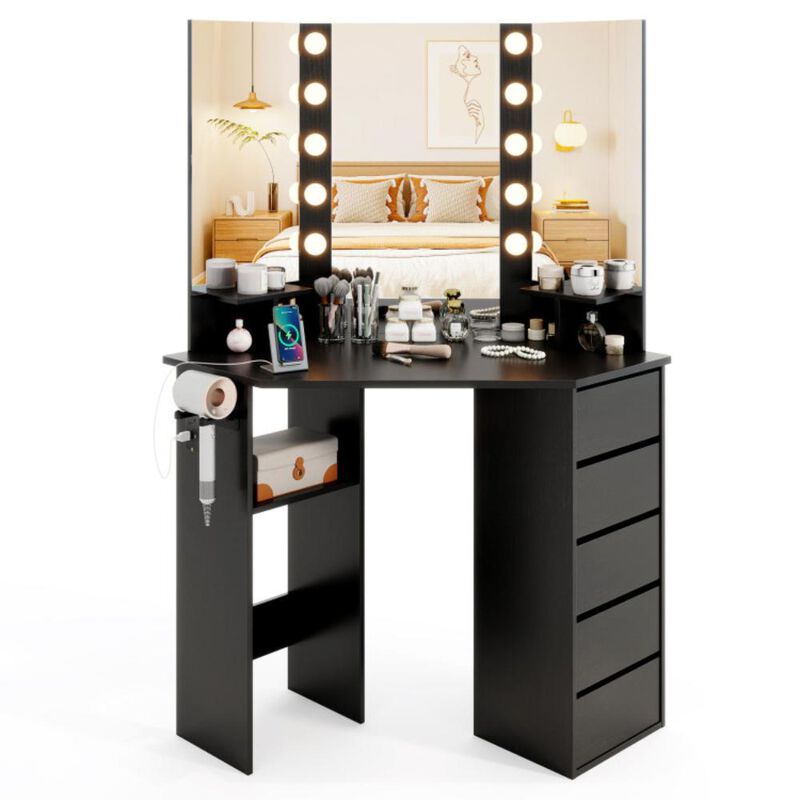 Hivvago Corner Vanity Desk with 3-Color LED Lighted Mirror and Power Outlet