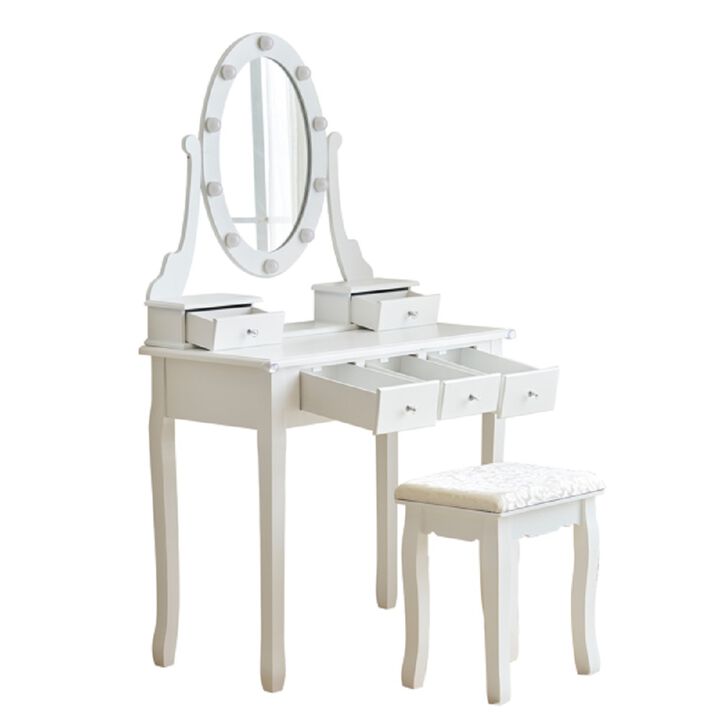 Dressing Table with LED Mirror, Power Outlet, Drawers & Cushioned Stool