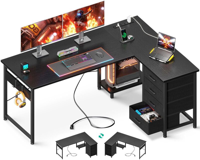AODK L Shaped Desk with 4 Tier Drawers, 53 Reversible Gaming Desk with Power Outlets, L Shaped Computer Desk with USB Charging
