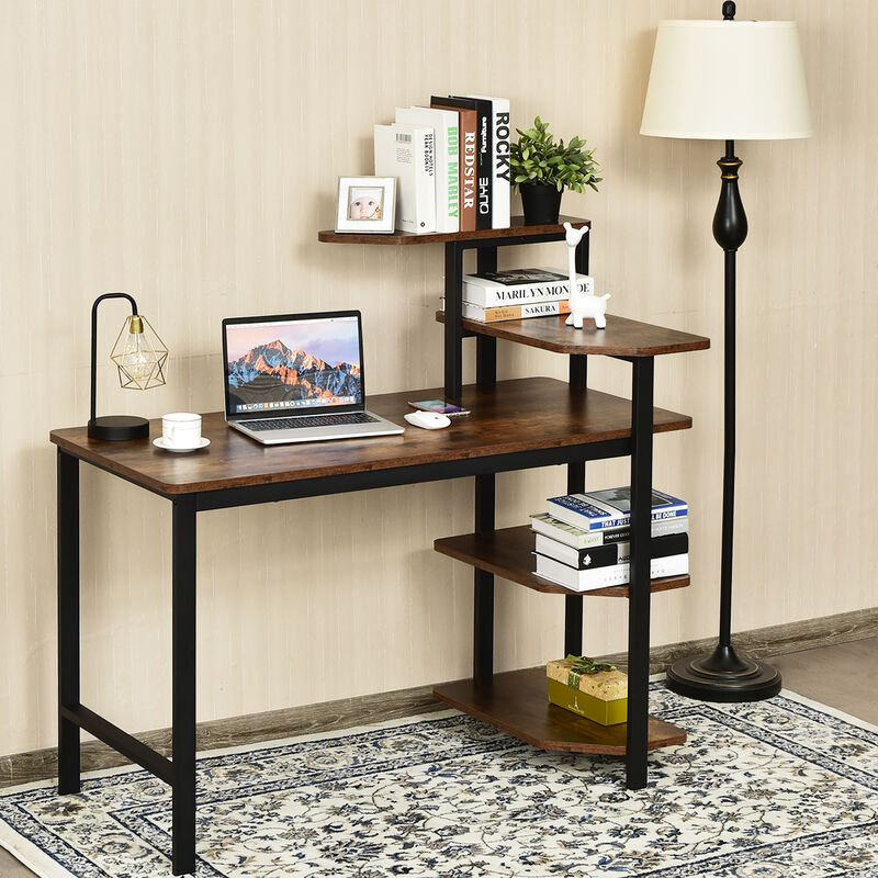 Costway Computer Desk Writing Study Table with Storage Shelves Home Office Rustic Brown