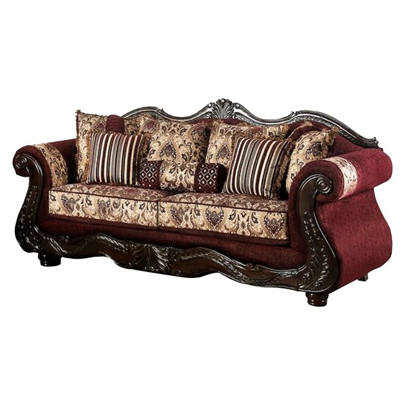 Maty 2pc Sofa Loveseat Set, Burgundy Brown Chenille, 5 Accent Pillows - Benzara image number 1