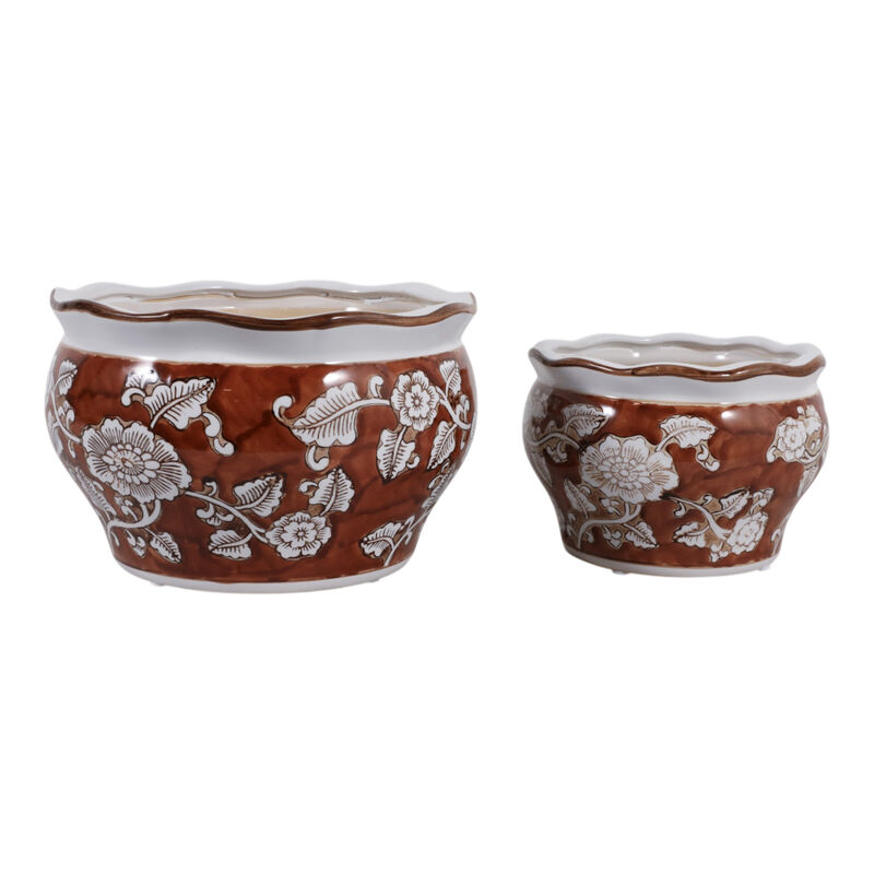 Cer, S/2 6/8" Round Chinoisere Planters, Brown image number 2