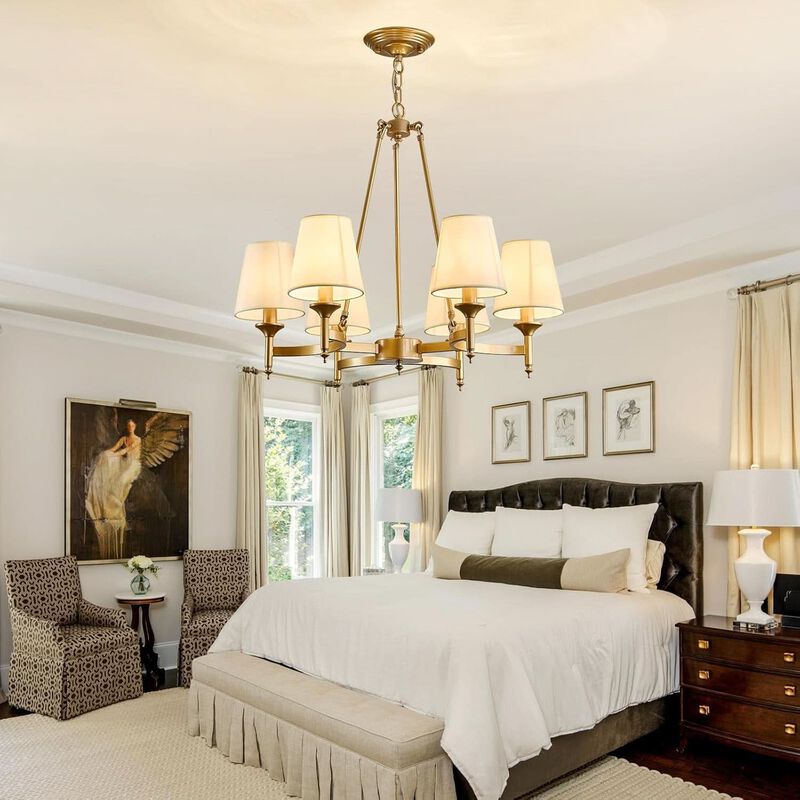 ShipItFurniture Gold Wagon Wheel Chandelier With White Linen Shade 6-Light image number 5