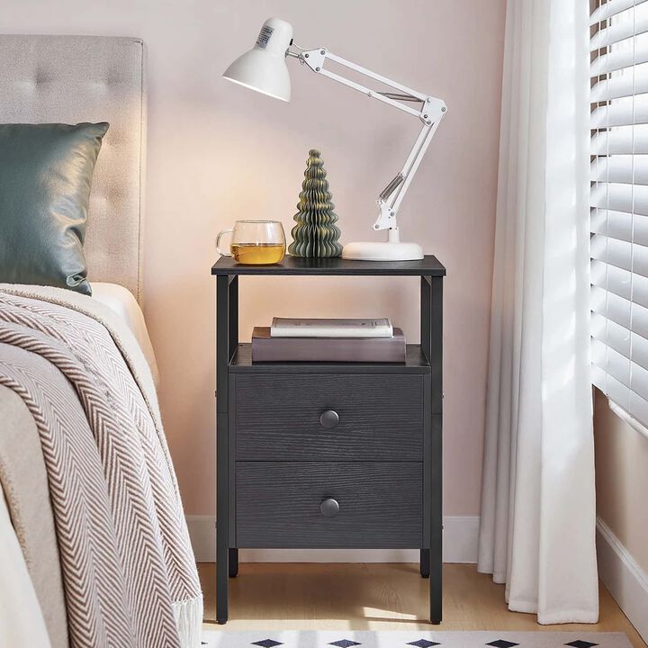 Bedroom Nightstand with 2 Drawers, Built-In Outlets and Storage-Black
