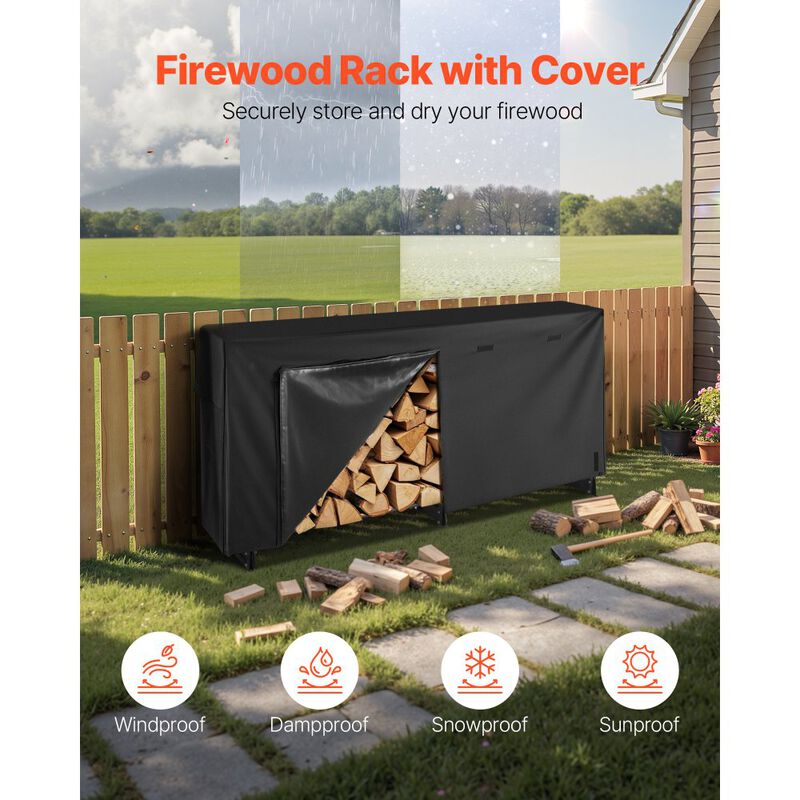 Outdoor Firewood Rack with Waterproof Cover Heavy Duty Steel Log Storage Holder-Black image number 6
