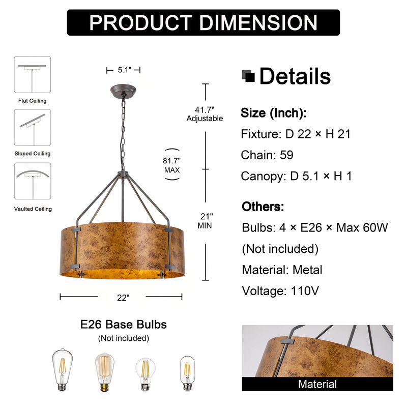 Milka 22" Rustic 4-Light Black and Brown Metal Drum Shade Chandelier image number 6