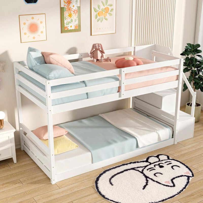 Hivvago Twin Over Twin Low Bunk Bed with Storage Stairs Solid Wood Floor Bunk Bed Frame