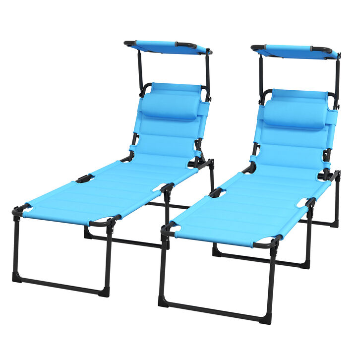Outsunny 2 Pcs Outdoor Lounge Chair, 4 Position Adjustable Backrest Folding Chaise Lounge, Cushioned Tanning Chair w/ Sunshade Roof & Pillow Headrest for Beach, Camping, Hiking, Backyard, Light Blue