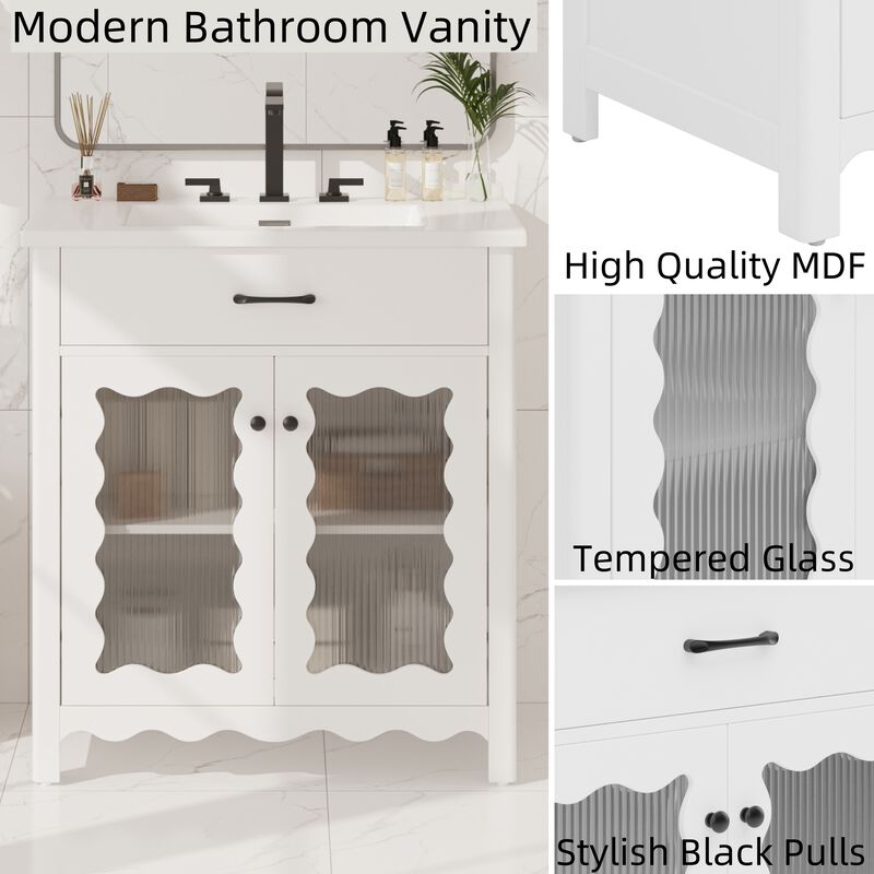 31" Modern Bathroom Cabinet with Tempered Glass, White