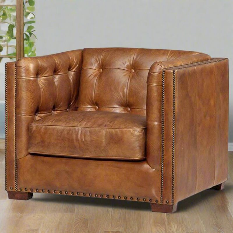 Crafters and Weavers Tuxedo Leather Arm Chair - Light Brown