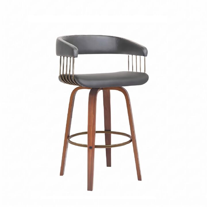 30.5" Swivel Walnut Wood Bar Stool in Gray Faux Leather with Golden Bronze Metal