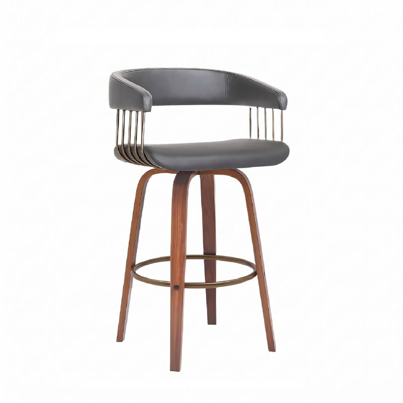 30.5" Swivel Walnut Wood Bar Stool in Gray Faux Leather with Golden Bronze Metal image number 0