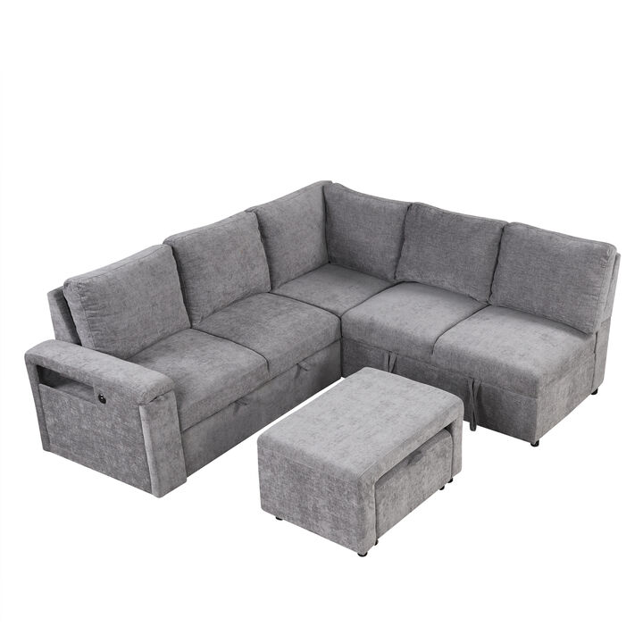 Merax Modular L-Shape Sofa Bed with Hidden Storage, USB Charging & Cup Holders