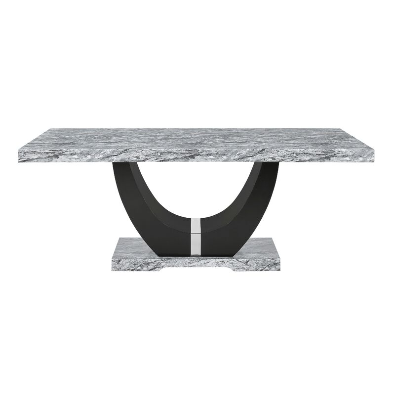 Lira Dining Table, 78 Inch Faux Marble Top, Black U Shaped Pedestal image number 2