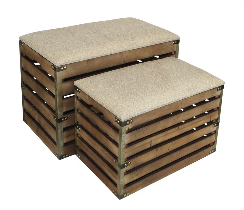 Set of 2 Upholstered Storage Benches with Flip Top and Wood Slat Base for Entryway