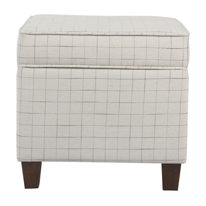 Wooden Square Ottoman with Grid Patterned Fabric Upholstery and Hidden Storage, Beige and Brown - Benzara