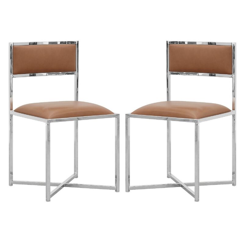 Eun 20 Inch Vegan Faux Leather Dining Chair, Chrome Base, Set of 2, Brown-Benzara image number 1