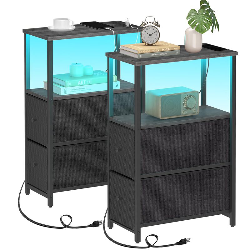 TUTOTAK Small Narrow LED End Table with Charging Station, Side Table Outlets, Nightstand with 2 Cloth Drawers, Set of 2, Couch T