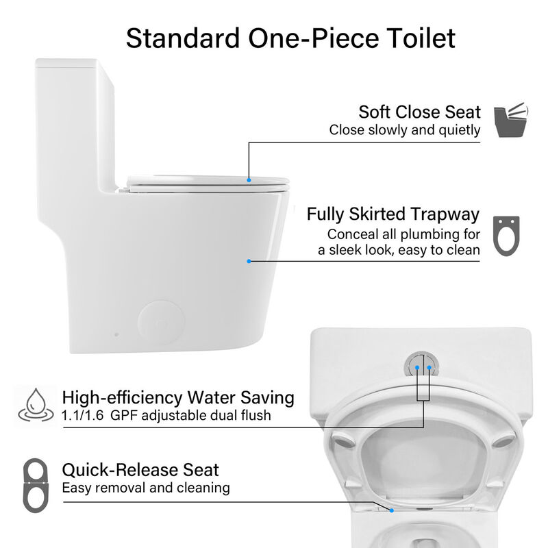 Bothwa Home 14.37"W CUPC Certified, One Piece Elongated Confort Height Toilet, Super Quite Flushing, Dual Flush, Ceramic, Watersense, Leak Resistant image number 8