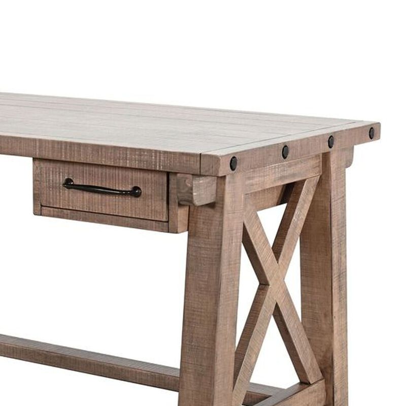Anva Writing Desk, 58 Inch with Power Plug, Natural Brown Solid Mahogany image number 2