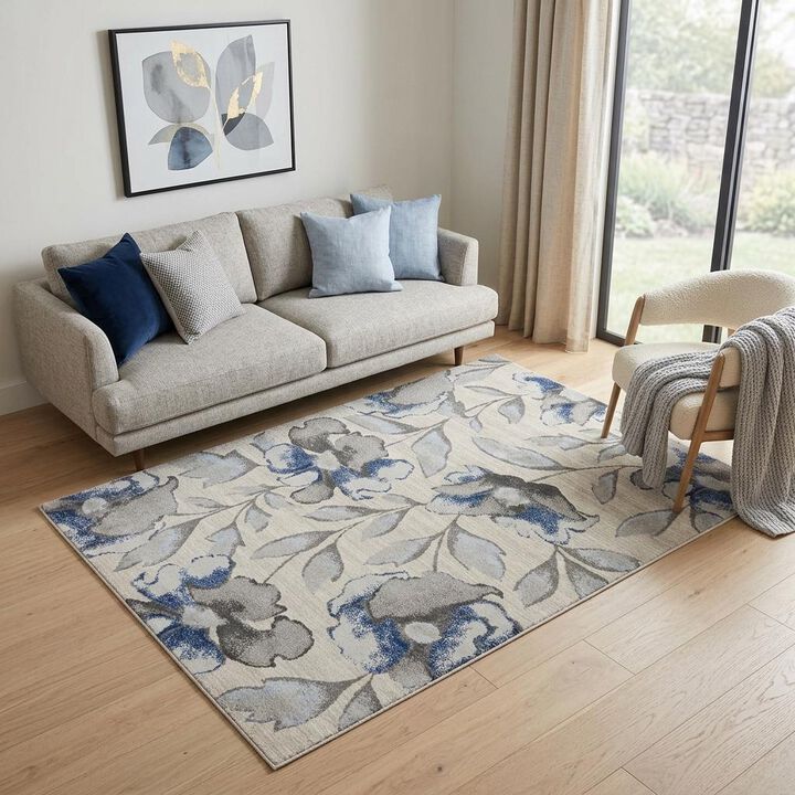 HomeRoots 5' X 8' Ivory Blue And Gray Floral Vines Area Rug