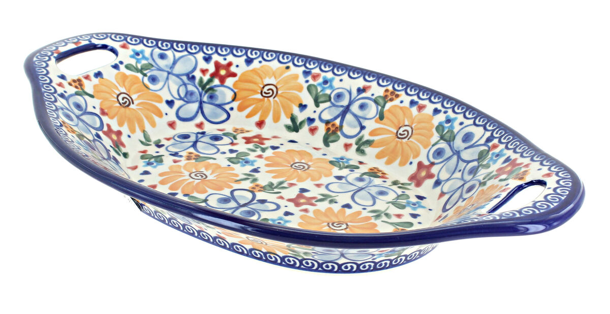 Blue Rose Polish Pottery Winter Celebration Bread Tray with Handles