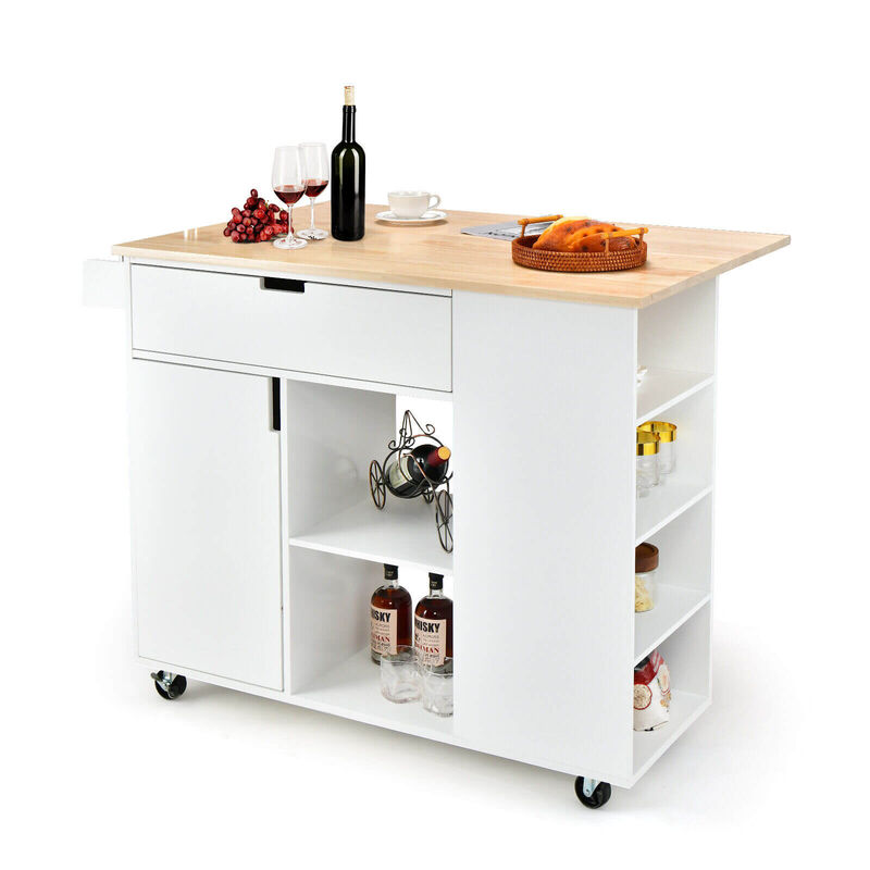Drop-Leaf Kitchen Island with Rubber Wood Top
