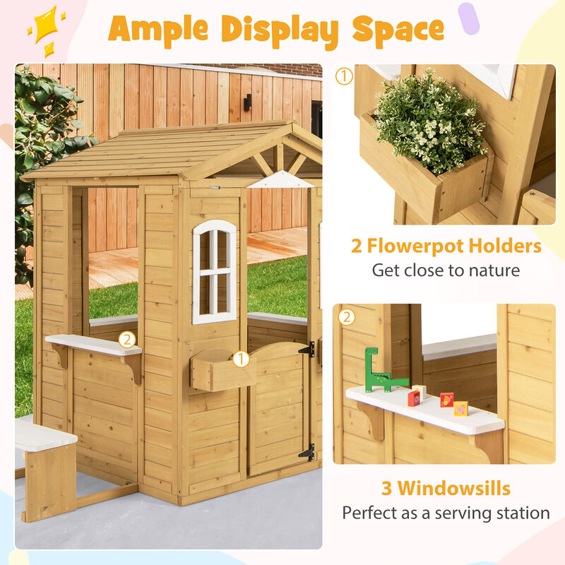 Outdoor Toddler Playhouse with Bench Seat and Service Counters &ndash; Wooden Build, Age 2+