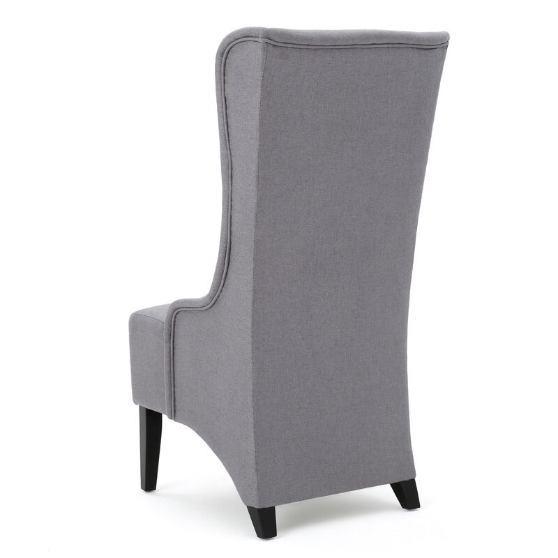 Becca Dining Chair, High Wingback Brown Birch Wood, Light Gray Fabric - Benzara