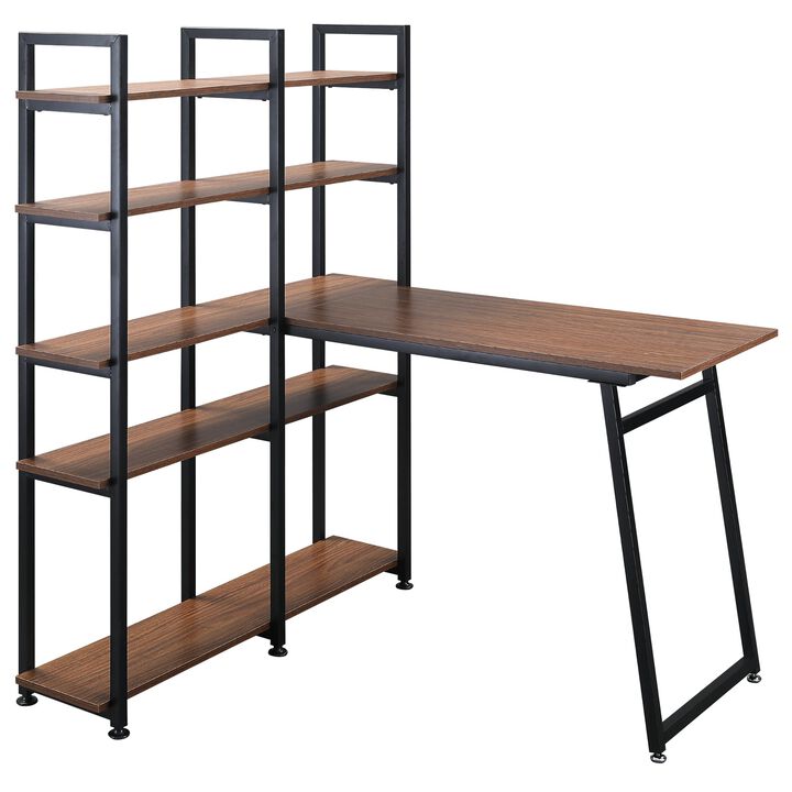 Black/Walnut Study Station: 5-Tier L-Shaped Desk with Display Shelves